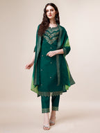 Hand Embroidered Chanderi Kurta With Pant And Dupatta Set Premium, Multicolor - Hiral Fashion | Grocsy