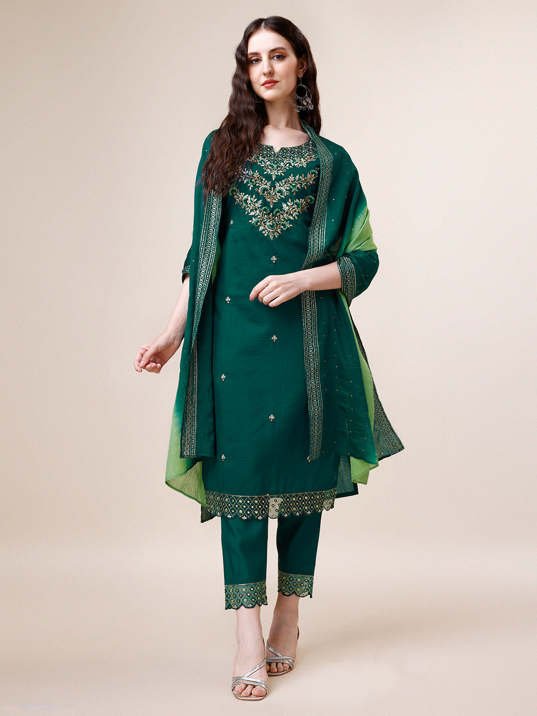 Hand Embroidered Chanderi Kurta With Pant And Dupatta Set Premium, Multicolor - Hiral Fashion | Grocsy