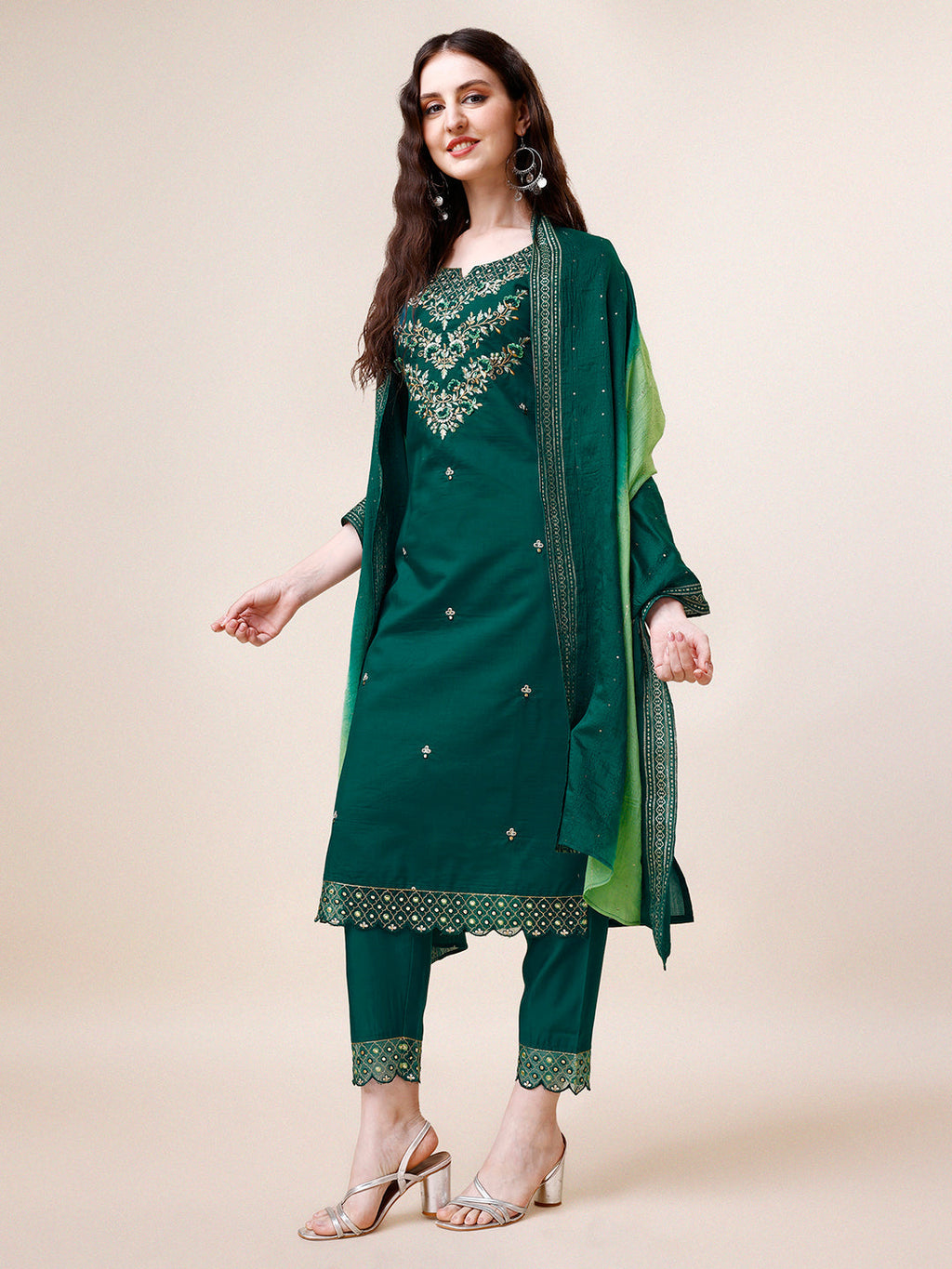 Hand Embroidered Chanderi Kurta With Pant And Dupatta Set Premium, Multicolor - Hiral Fashion | Grocsy