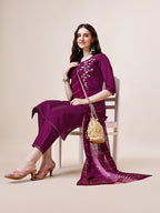 Hand Embroidered Kurta With Pant & Dupatta Set, Multicolor - Hiral Fashion | Grocsy