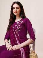 Hand Embroidered Kurta With Pant & Dupatta Set, Multicolor - Hiral Fashion | Grocsy