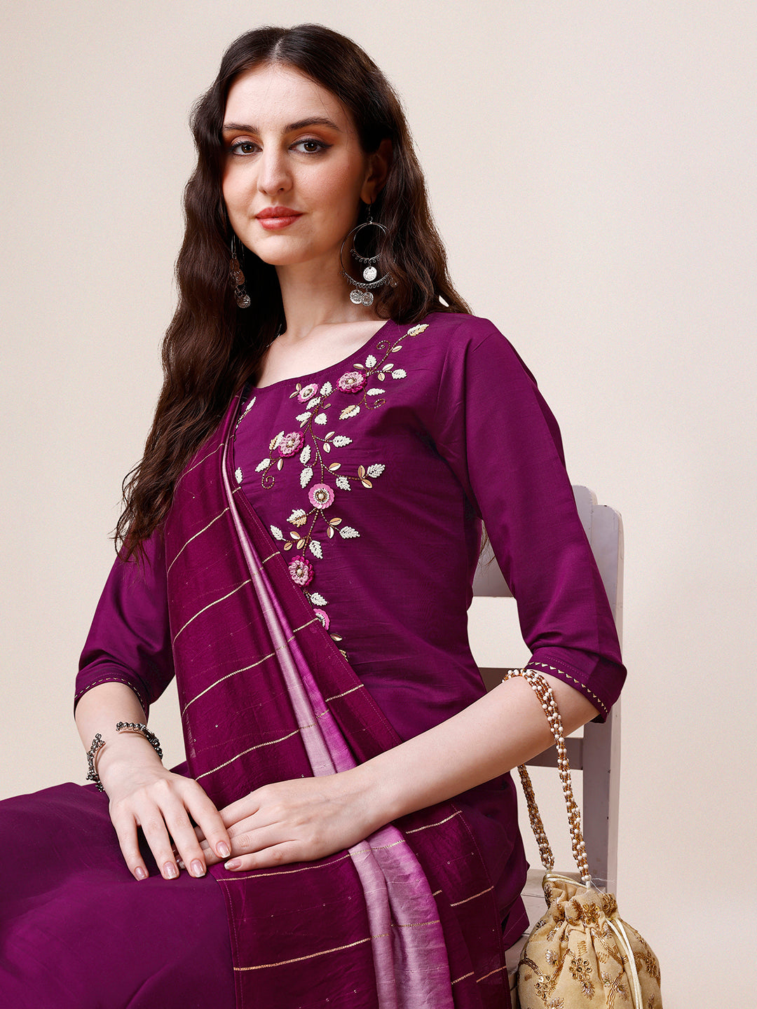 Hand Embroidered Kurta With Pant & Dupatta Set, Multicolor - Hiral Fashion | Grocsy