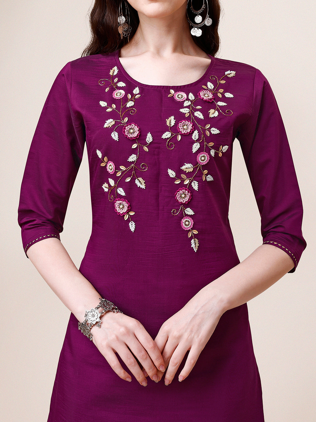 Hand Embroidered Kurta With Pant & Dupatta Set, Multicolor - Hiral Fashion | Grocsy