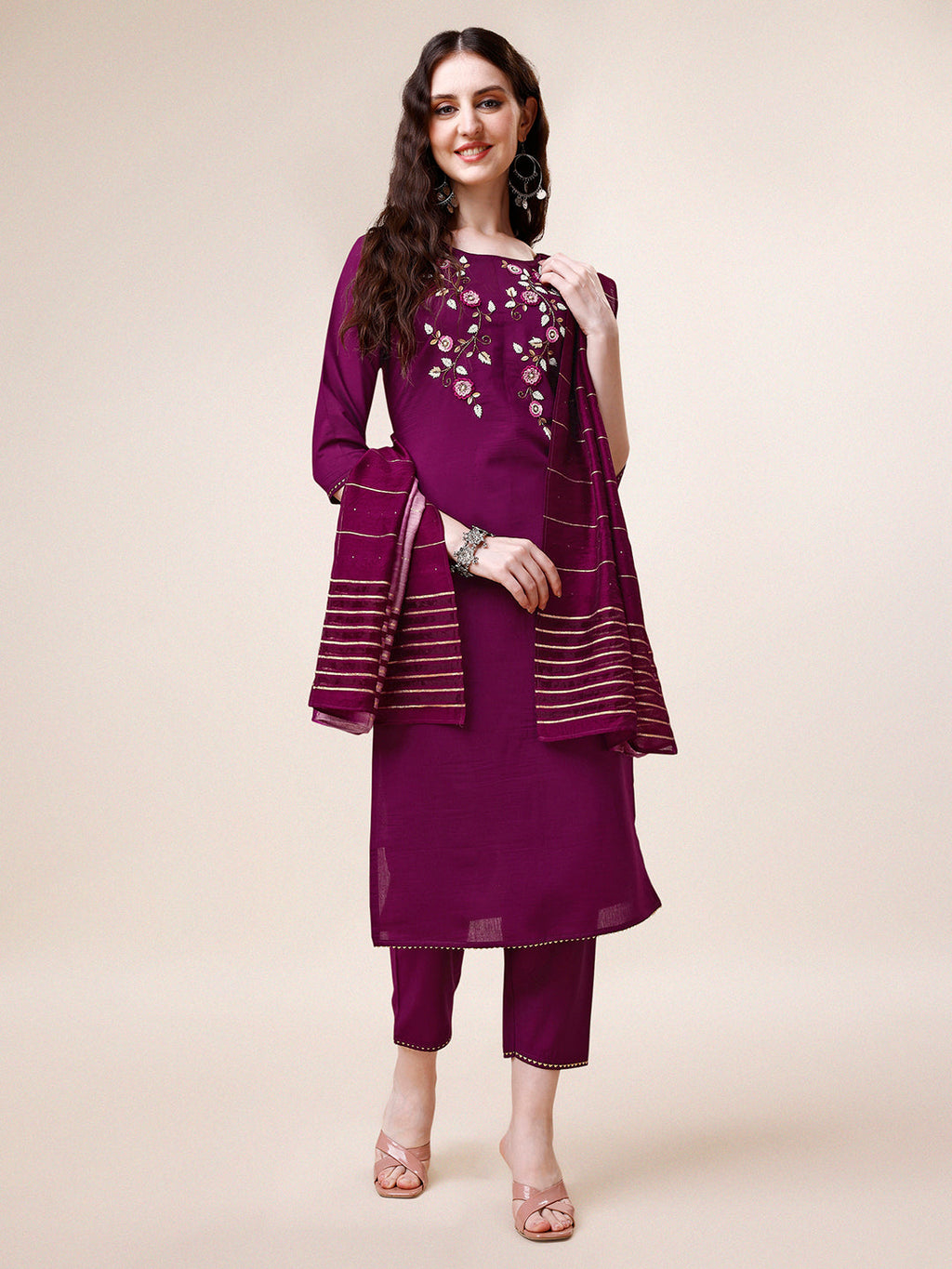 Hand Embroidered Kurta With Pant & Dupatta Set, Multicolor - Hiral Fashion | Grocsy