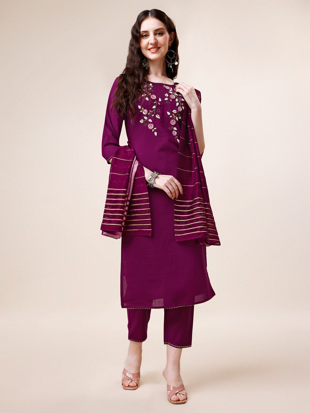 Hand Embroidered Kurta With Pant & Dupatta Set, Multicolor - Hiral Fashion | Grocsy