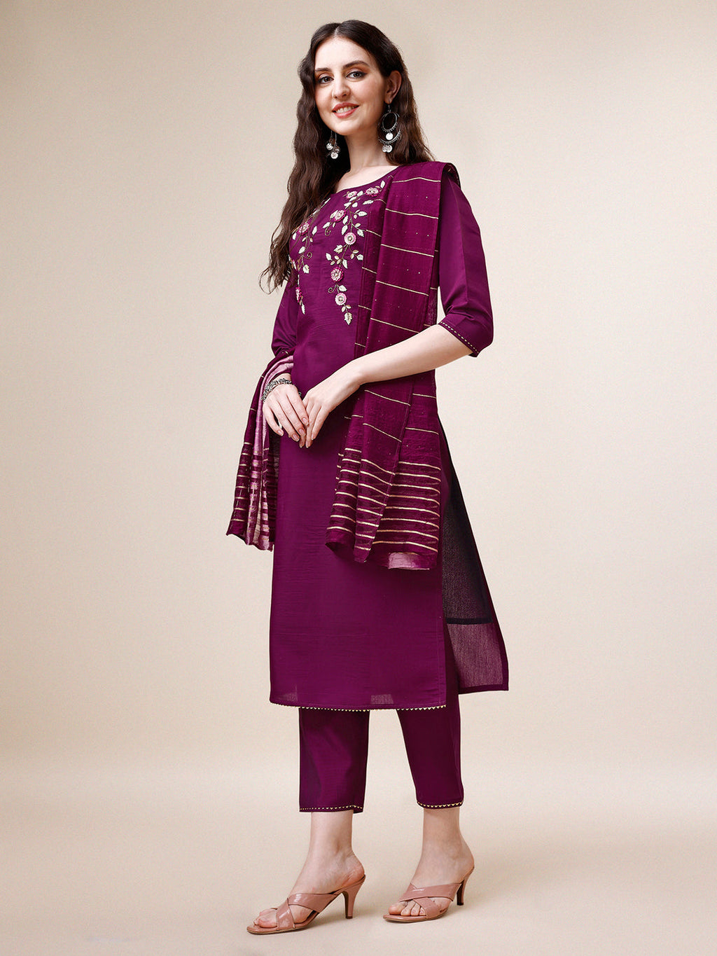 Hand Embroidered Kurta With Pant & Dupatta Set, Multicolor - Hiral Fashion | Grocsy