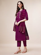 Hand Embroidered Kurta With Pant & Dupatta Set, Multicolor - Hiral Fashion | Grocsy