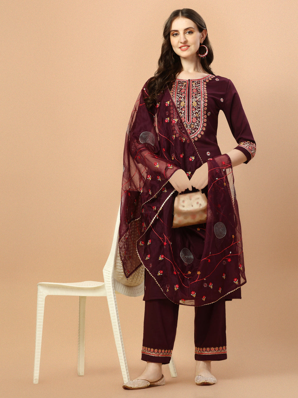 Embroidered Kurta With Pant & Embroidered Organza Dupatta, Multicolor - Hiral Fashion | Grocsy