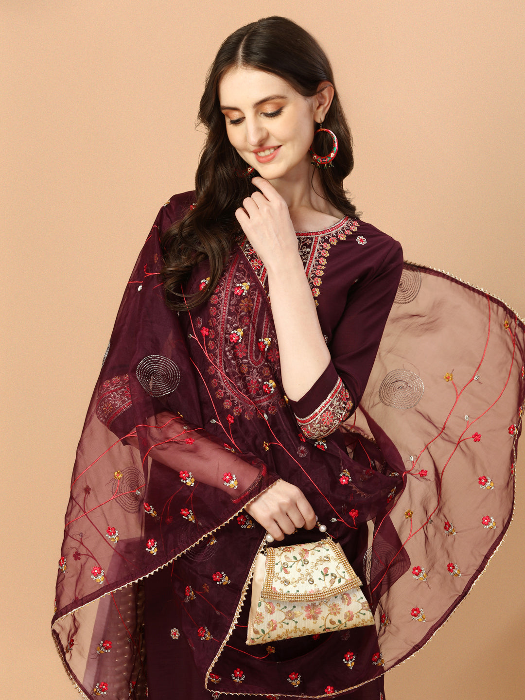 Embroidered Kurta With Pant & Embroidered Organza Dupatta, Multicolor - Hiral Fashion | Grocsy