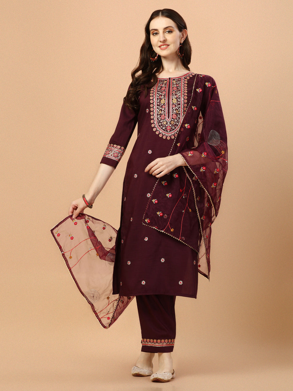 Embroidered Kurta With Pant & Embroidered Organza Dupatta, Multicolor - Hiral Fashion | Grocsy
