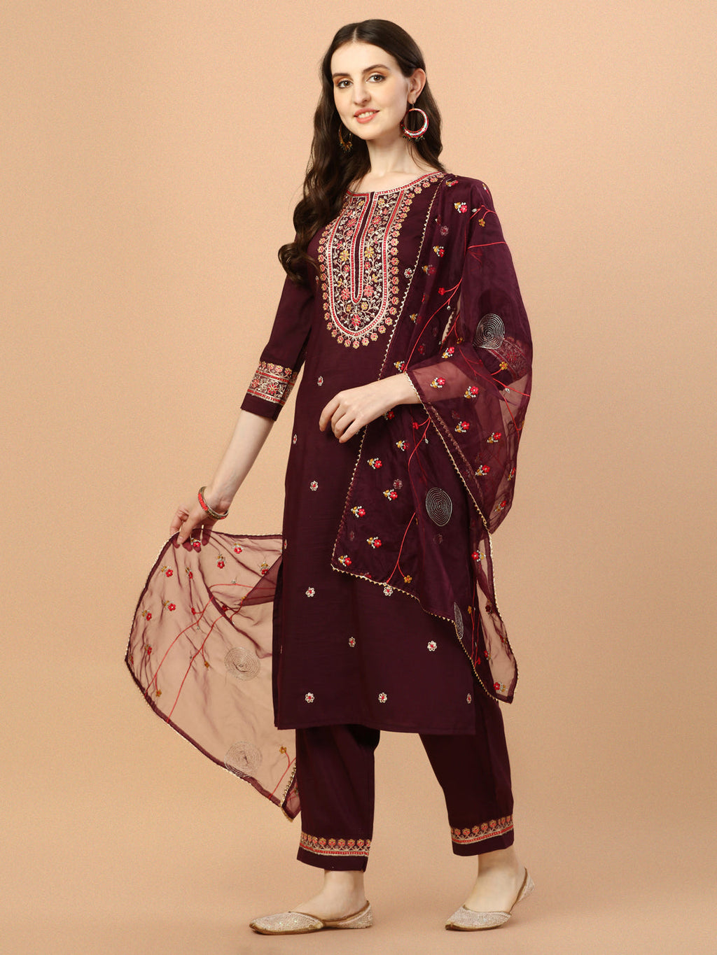 Embroidered Kurta With Pant & Embroidered Organza Dupatta, Multicolor - Hiral Fashion | Grocsy