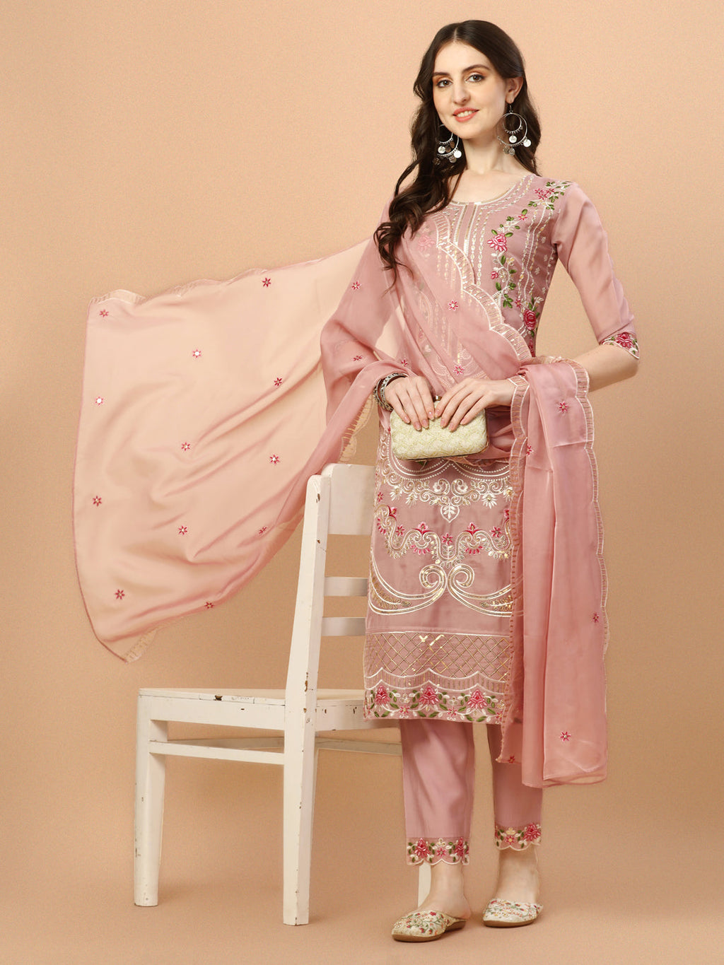 Embroidered Pakistani Kurta With Pant & Dupatta Set, Multicolor - Hiral Fashion | Grocsy
