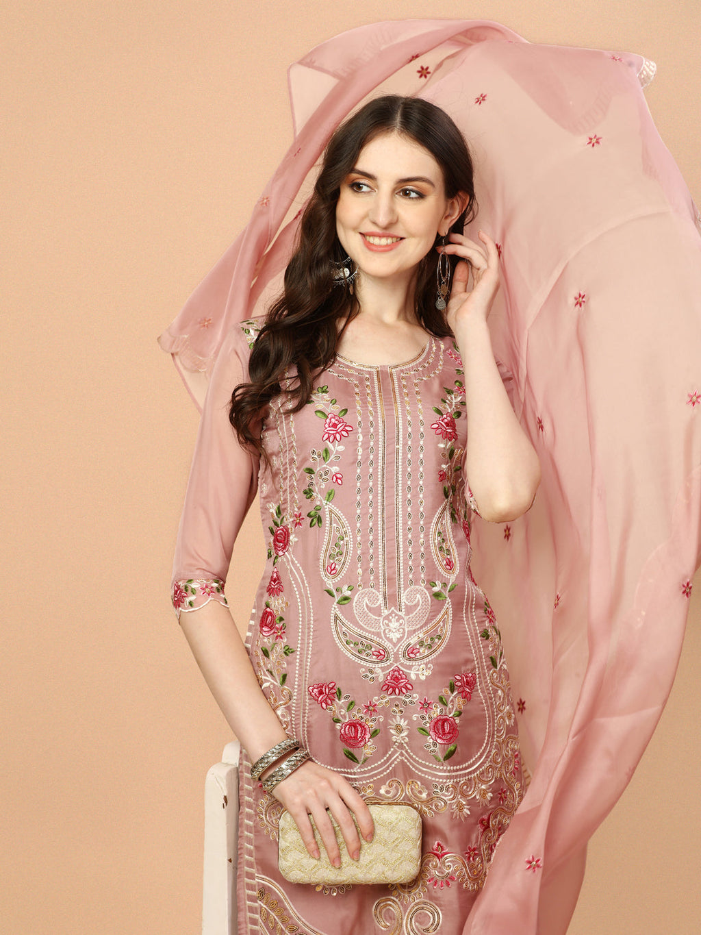 Embroidered Pakistani Kurta With Pant & Dupatta Set, Multicolor - Hiral Fashion | Grocsy