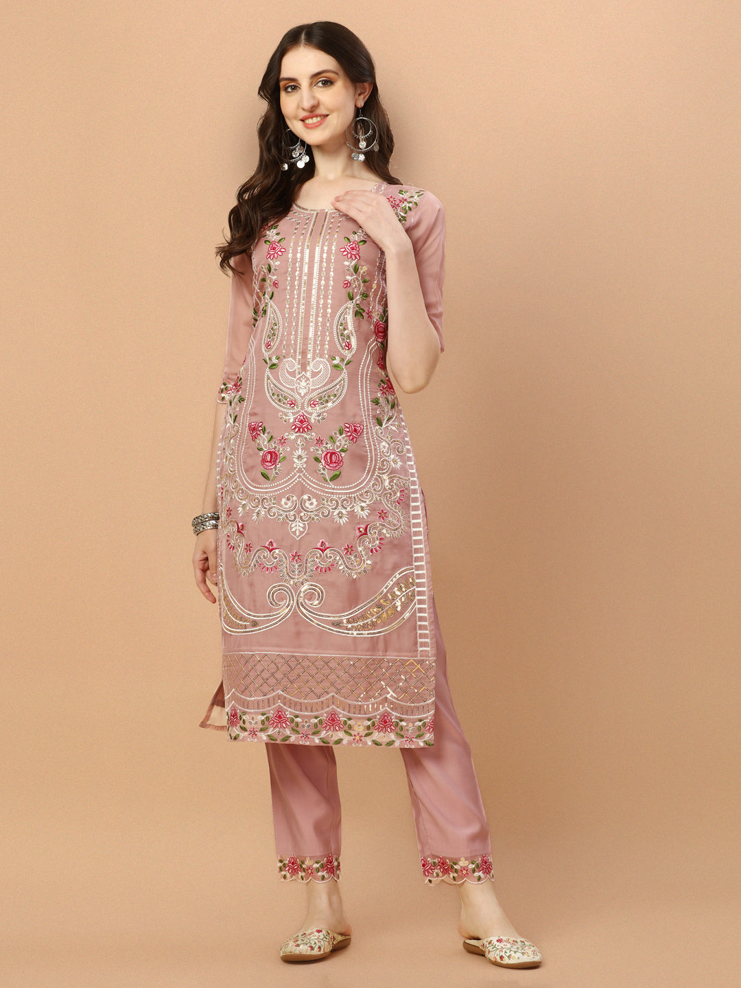 Embroidered Pakistani Kurta With Pant & Dupatta Set, Multicolor - Hiral Fashion | Grocsy