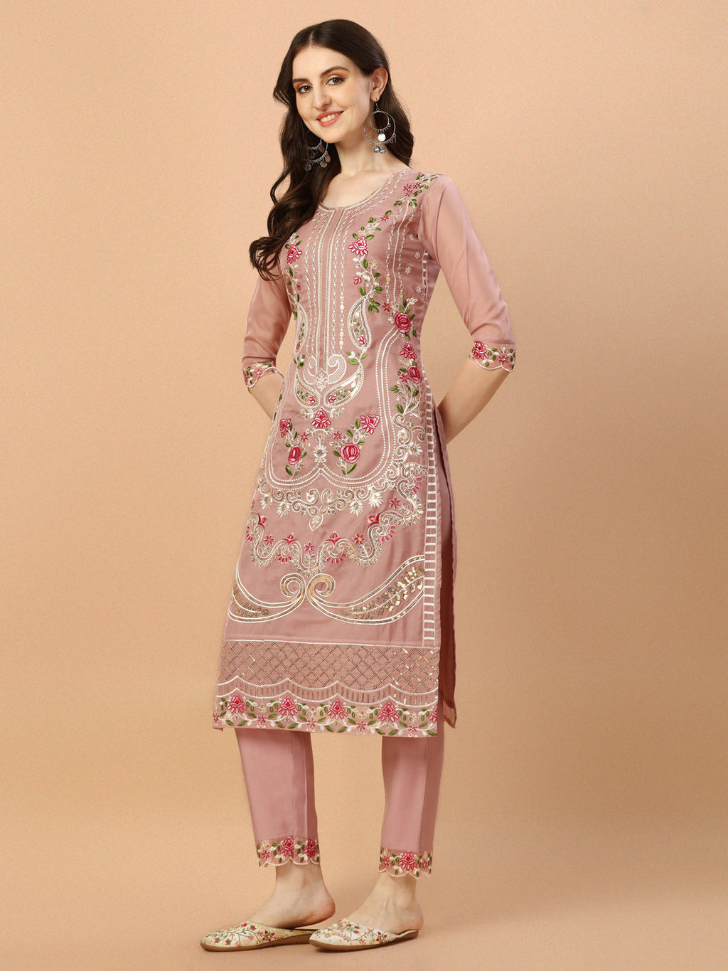 Embroidered Pakistani Kurta With Pant & Dupatta Set, Multicolor - Hiral Fashion | Grocsy