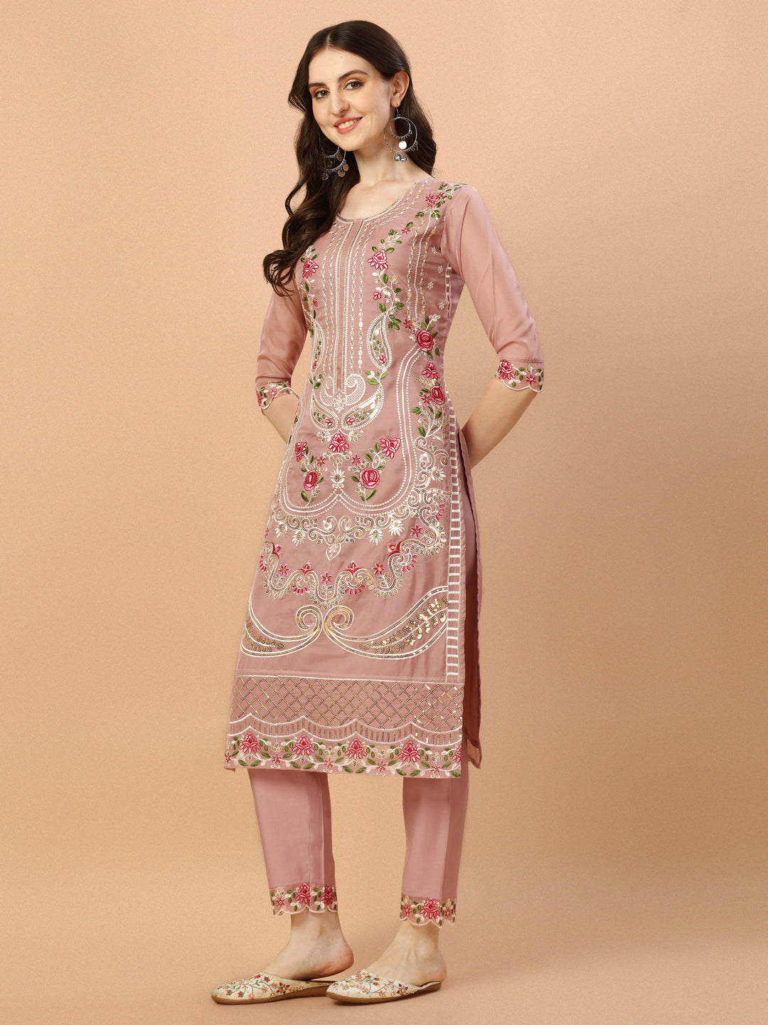 Embroidered Pakistani Kurta With Pant & Dupatta Set, Multicolor - Hiral Fashion | Grocsy