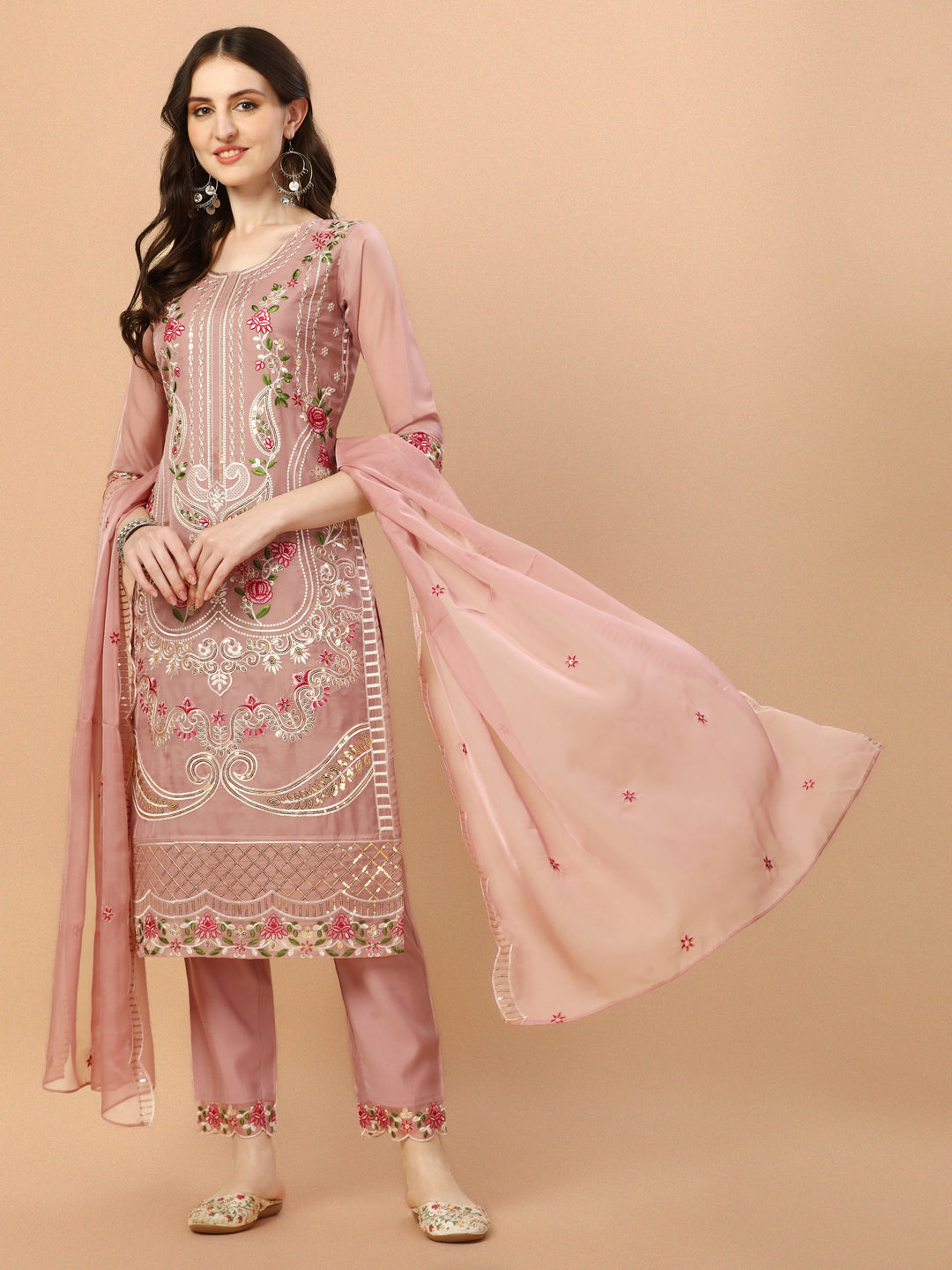Embroidered Pakistani Kurta With Pant & Dupatta Set, Multicolor - Hiral Fashion | Grocsy