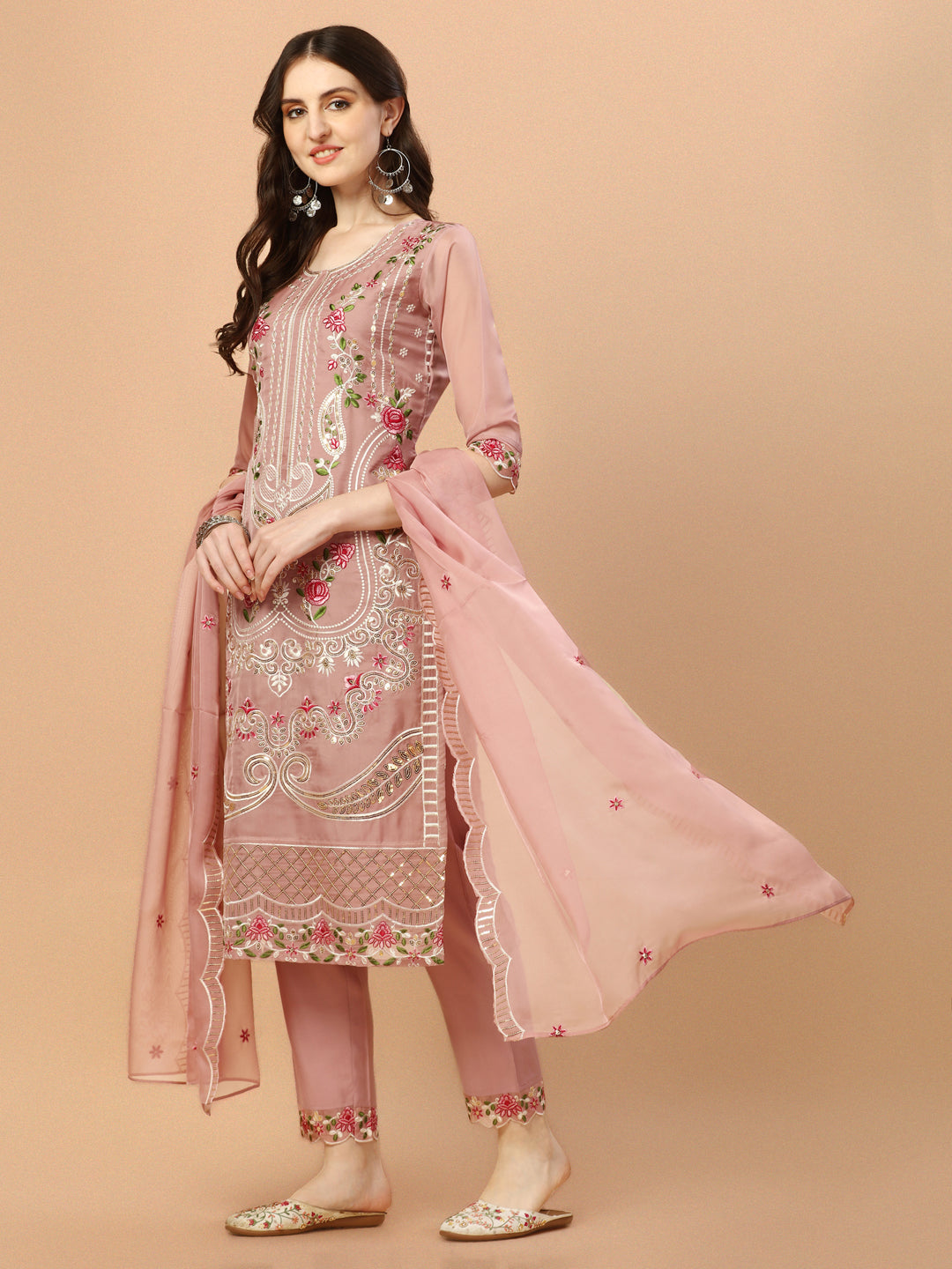 Embroidered Pakistani Kurta With Pant & Dupatta Set, Multicolor - Hiral Fashion | Grocsy