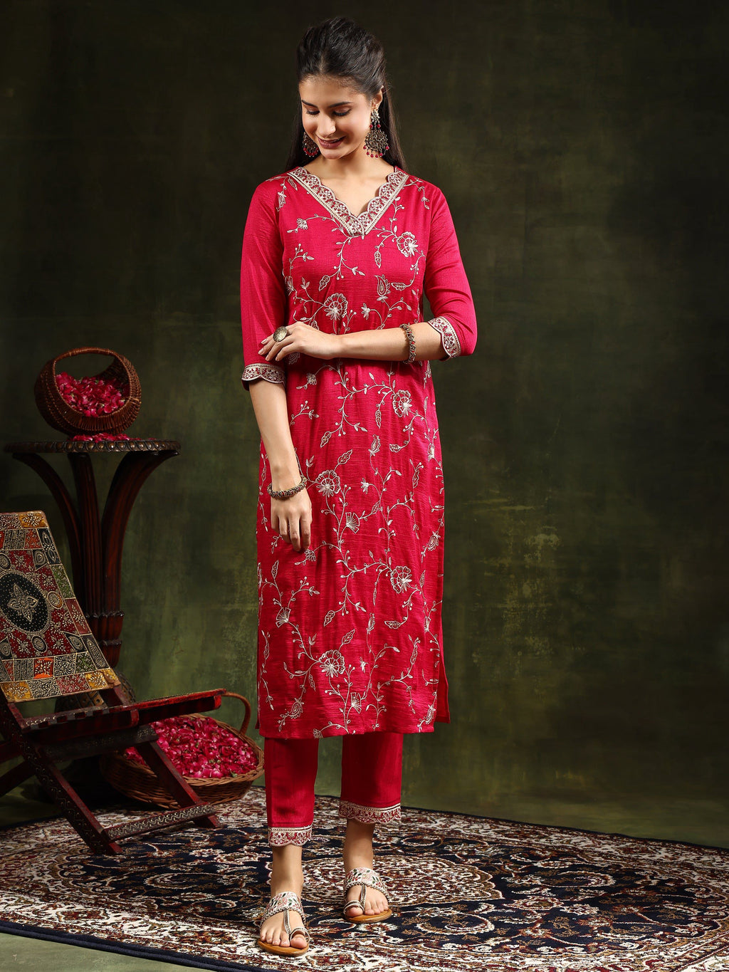 Sequined Embroidered Kurta With Pant & Embroidered Dupatta, Pink - Hiral Fashion | Grocsy