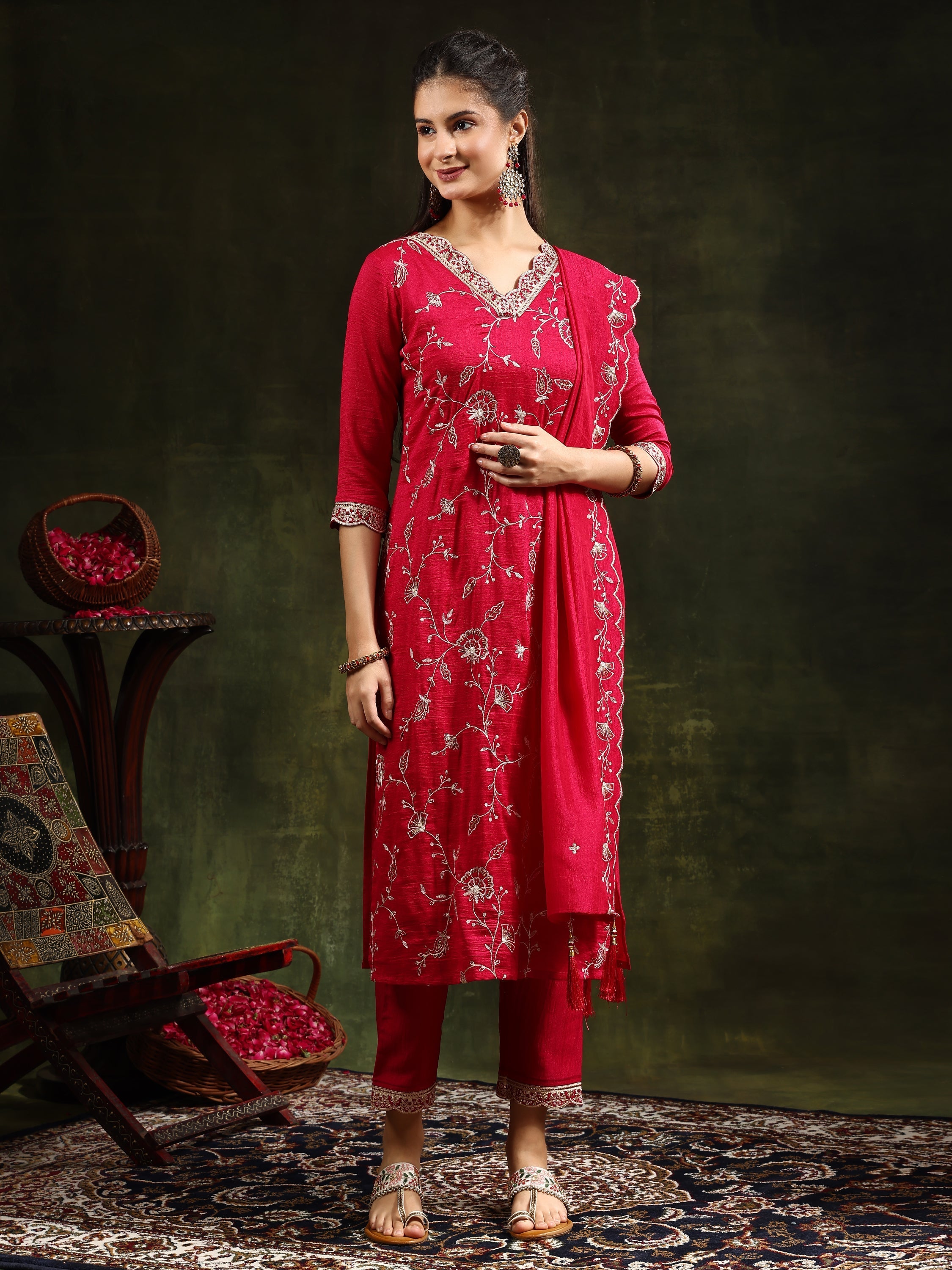 Sequined Embroidered Kurta With Pant & Embroidered Dupatta, Pink - Hiral Fashion | Grocsy