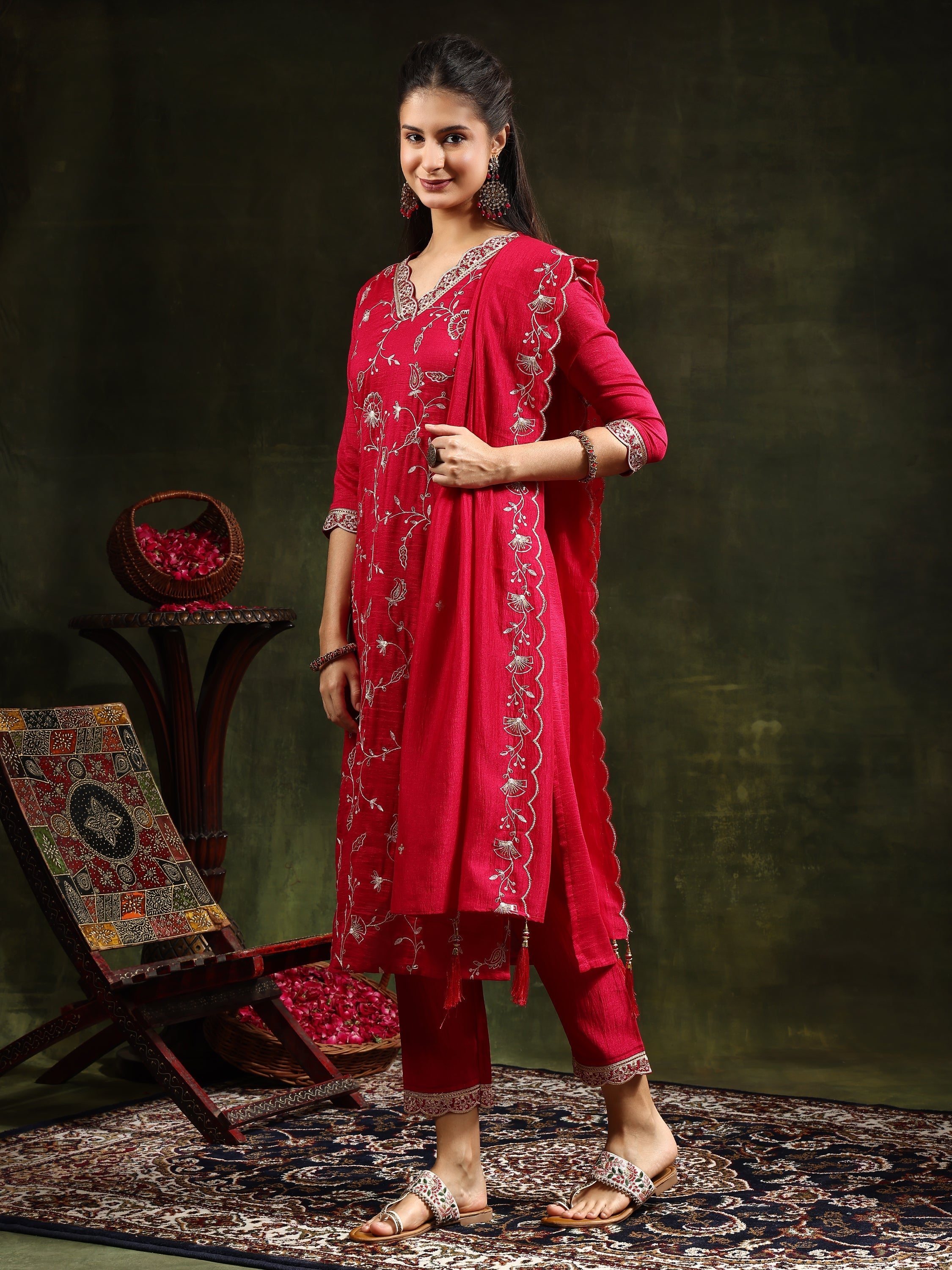 Sequined Embroidered Kurta With Pant & Embroidered Dupatta, Pink - Hiral Fashion | Grocsy