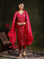Sequined Embroidered Kurta With Pant & Embroidered Dupatta, Pink - Hiral Fashion | Grocsy