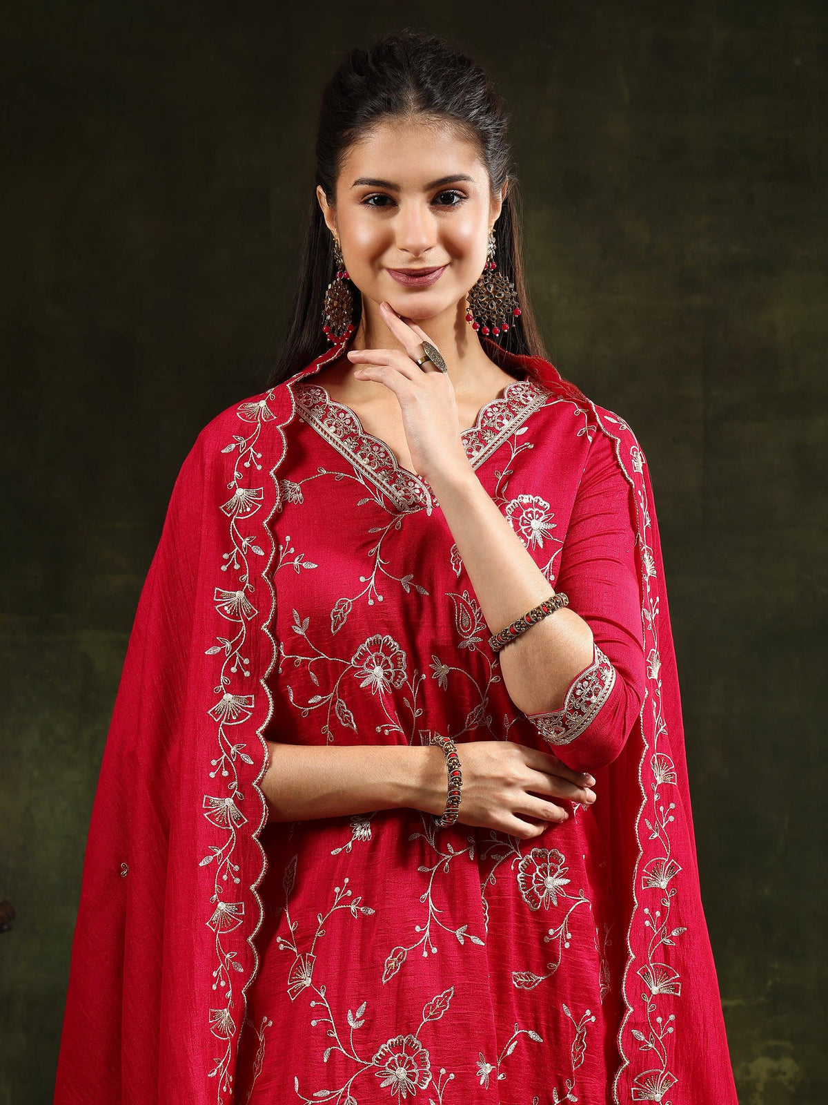 Sequined Embroidered Kurta With Pant & Embroidered Dupatta, Pink - Hiral Fashion | Grocsy