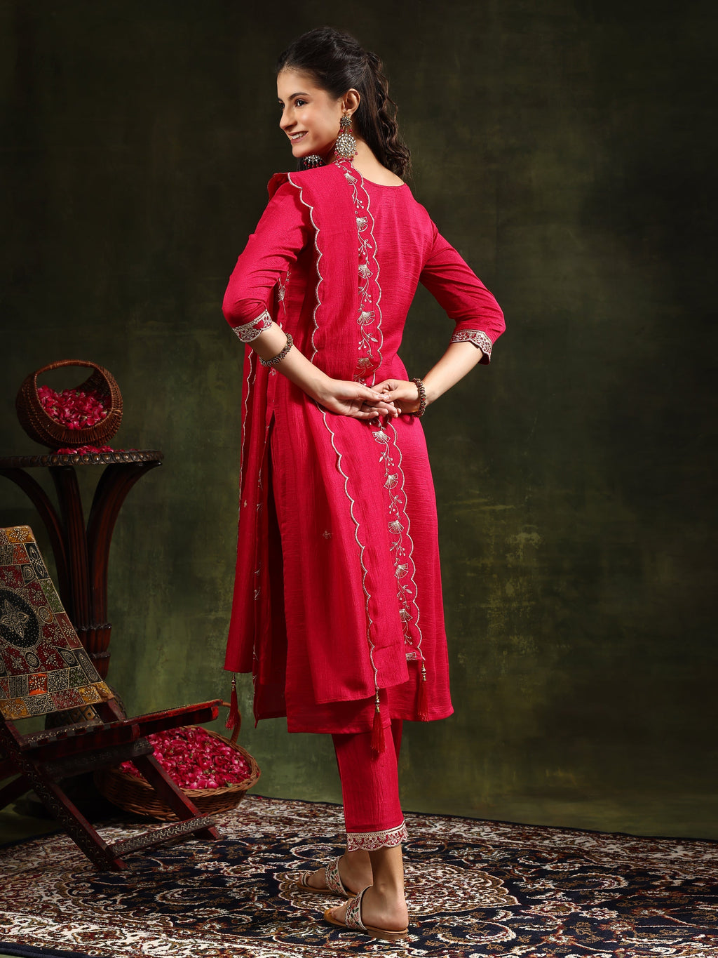 Sequined Embroidered Kurta With Pant & Embroidered Dupatta, Pink - Hiral Fashion | Grocsy