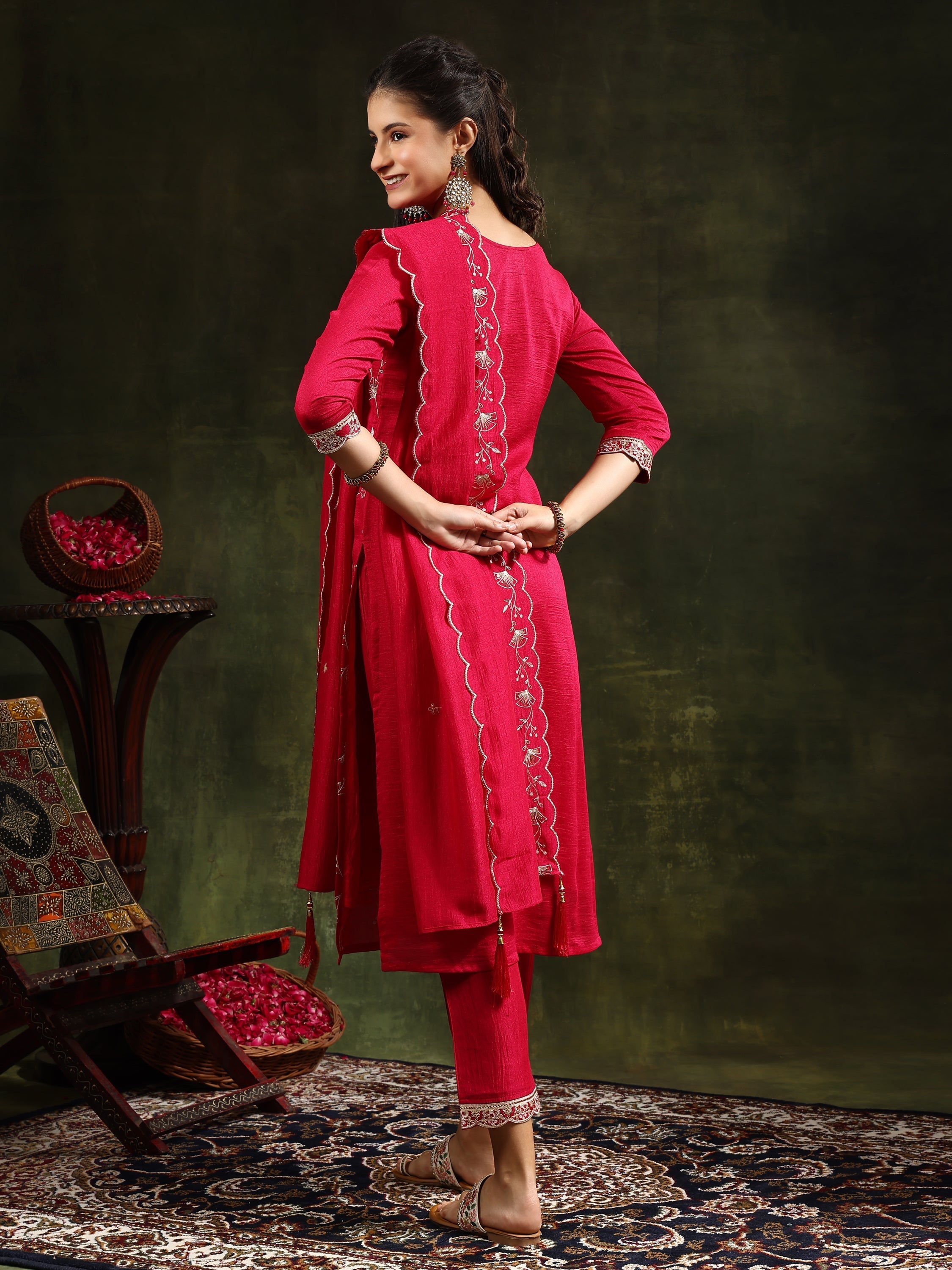 Sequined Embroidered Kurta With Pant & Embroidered Dupatta, Pink - Hiral Fashion | Grocsy