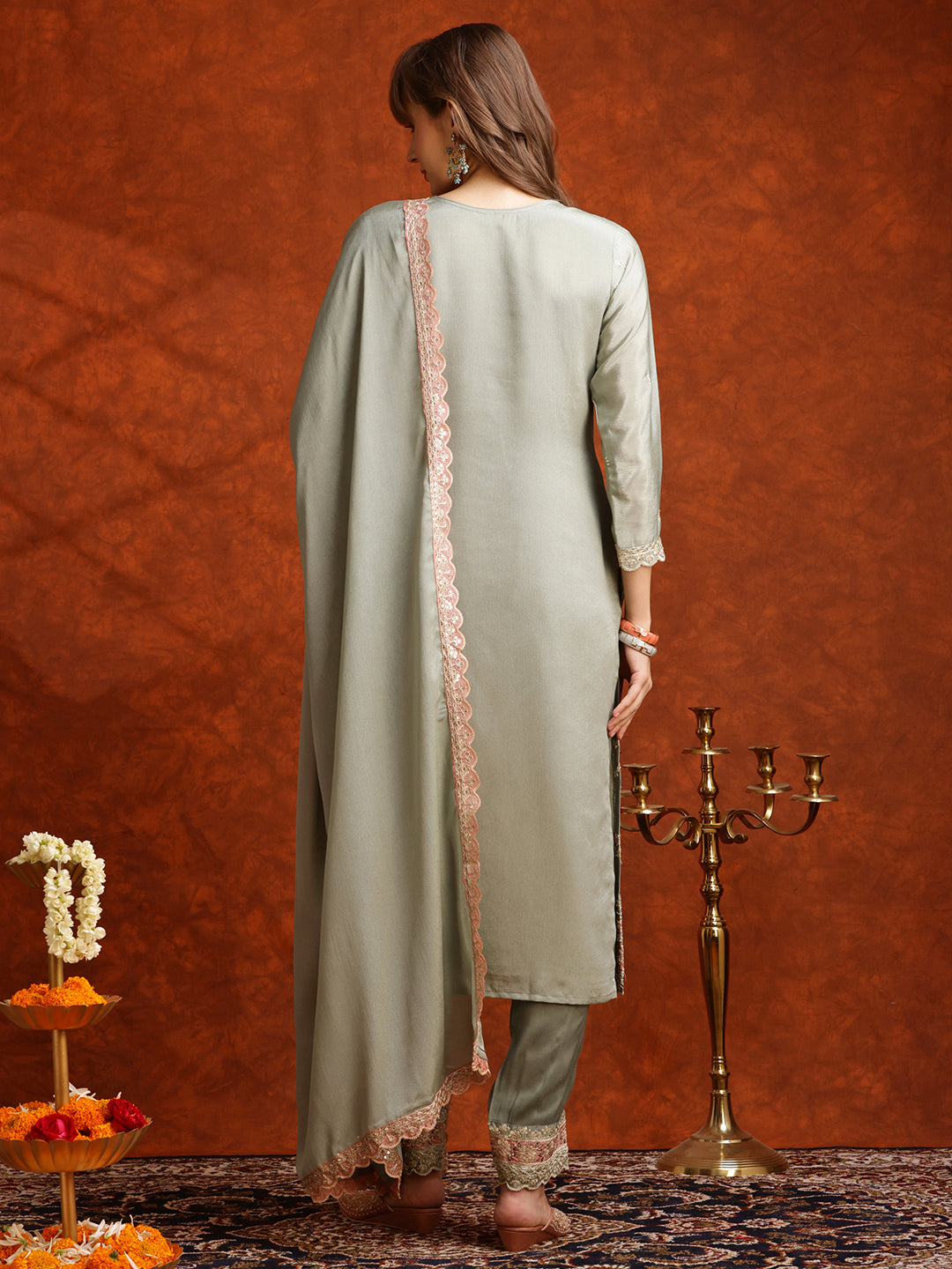 Pakistani Embroidered Kurta With Pant & Embroidered Dupatta, Green - Hiral Fashion | Grocsy