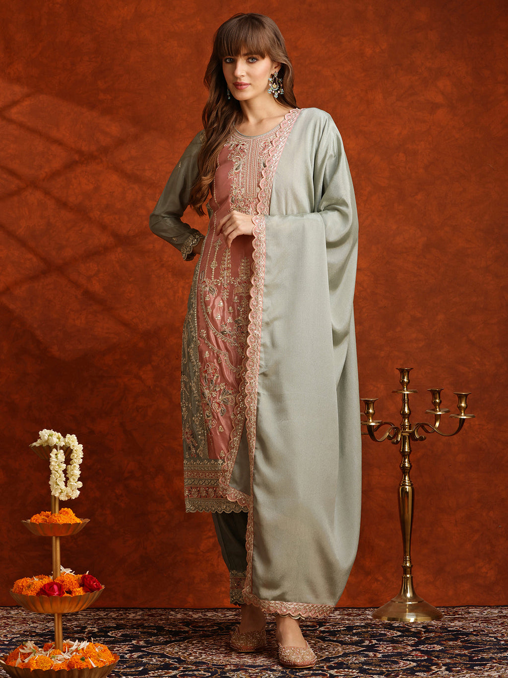 Pakistani Embroidered Kurta With Pant & Embroidered Dupatta, Green - Hiral Fashion | Grocsy