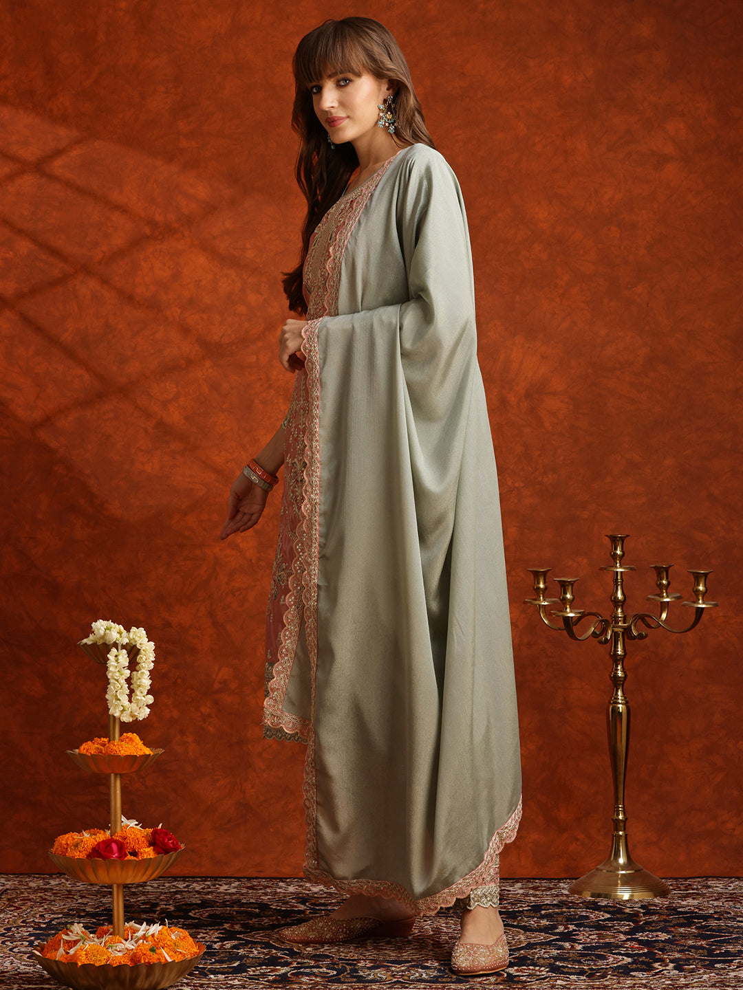 Pakistani Embroidered Kurta With Pant & Embroidered Dupatta, Green - Hiral Fashion | Grocsy