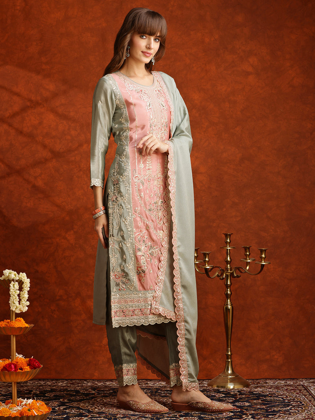 Pakistani Embroidered Kurta With Pant & Embroidered Dupatta, Green - Hiral Fashion | Grocsy