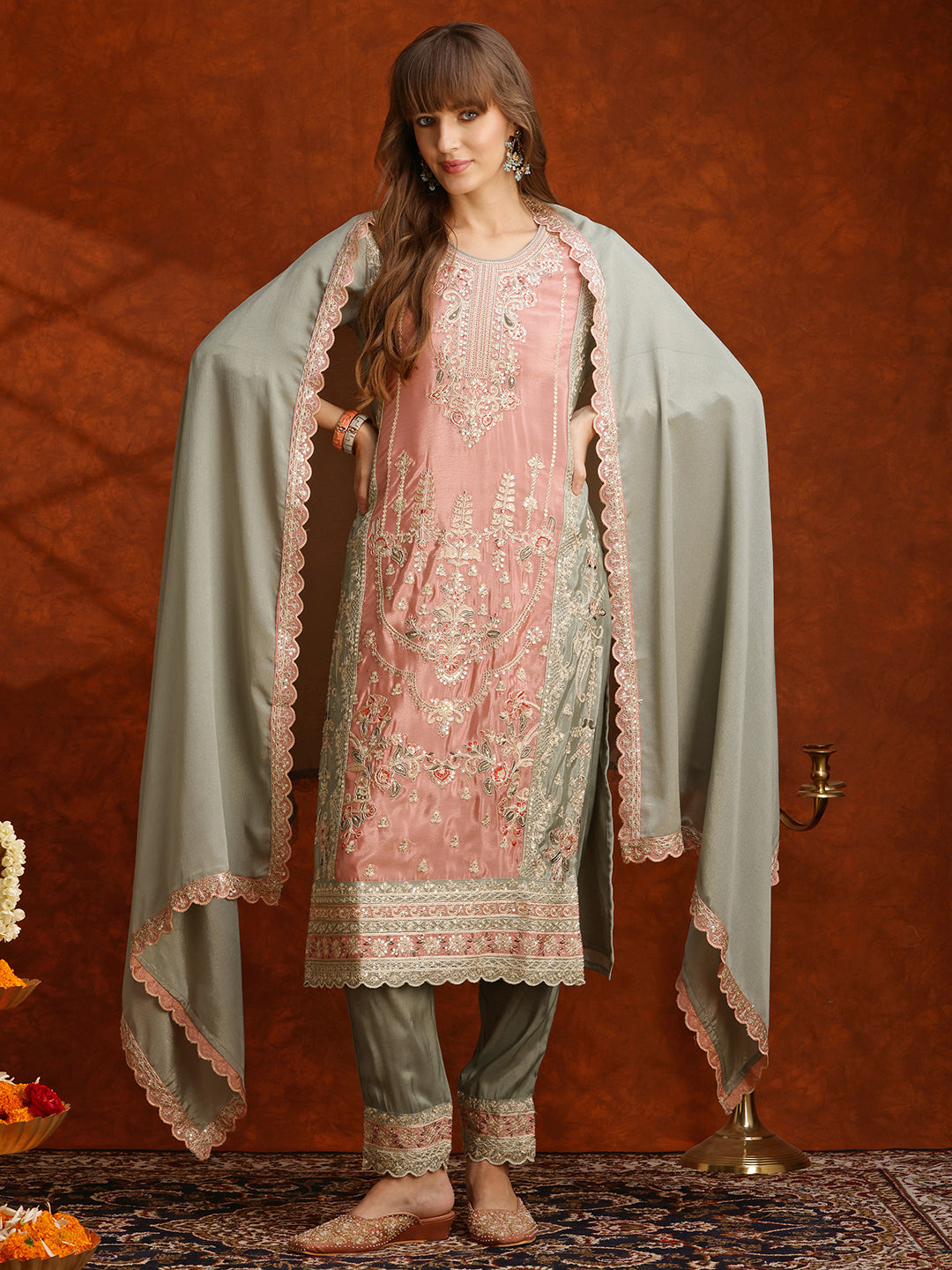 Pakistani Embroidered Kurta With Pant & Embroidered Dupatta, Green - Hiral Fashion | Grocsy