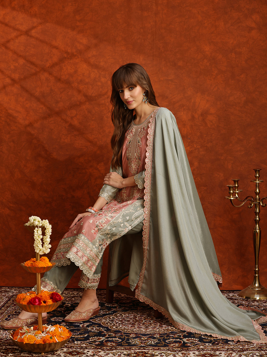 Pakistani Embroidered Kurta With Pant & Embroidered Dupatta, Green - Hiral Fashion | Grocsy