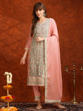 Pakistani Embroidered Kurta With Pant & Embroidered Dupatta, Pink - Hiral Fashion | Grocsy