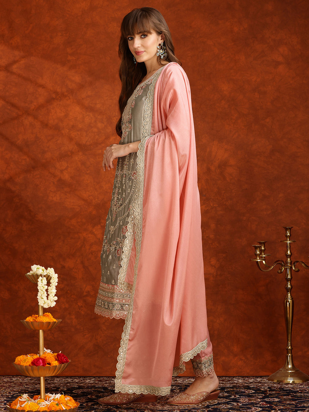 Pakistani Embroidered Kurta With Pant & Embroidered Dupatta, Pink - Hiral Fashion | Grocsy