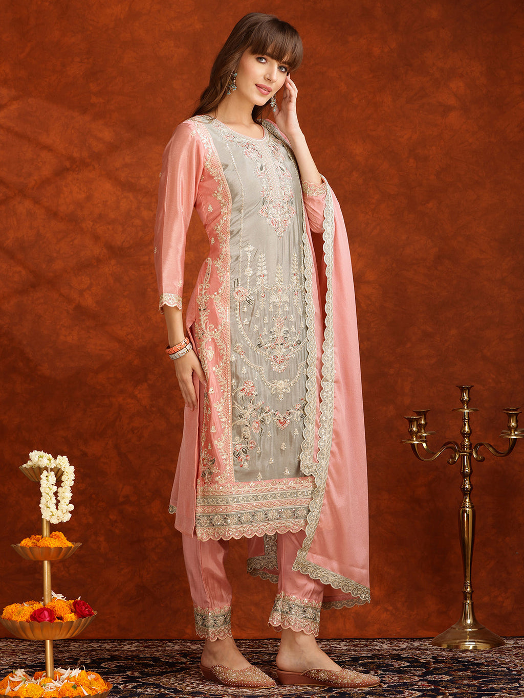 Pakistani Embroidered Kurta With Pant & Embroidered Dupatta, Pink - Hiral Fashion | Grocsy