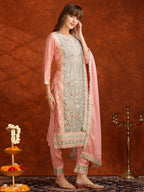 Pakistani Embroidered Kurta With Pant & Embroidered Dupatta, Pink - Hiral Fashion | Grocsy