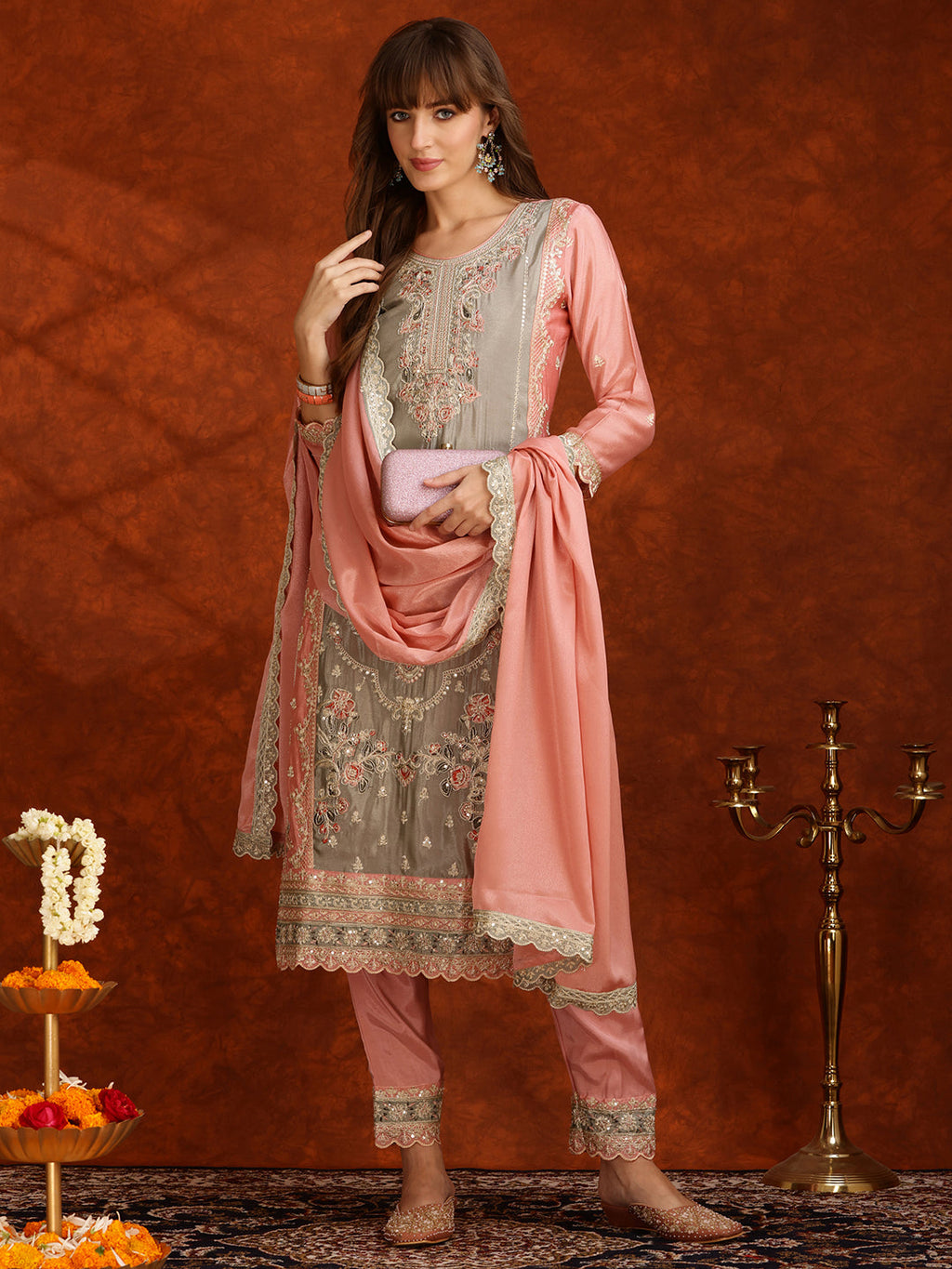 Pakistani Embroidered Kurta With Pant & Embroidered Dupatta, Pink - Hiral Fashion | Grocsy