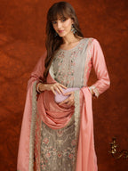 Pakistani Embroidered Kurta With Pant & Embroidered Dupatta, Pink - Hiral Fashion | Grocsy