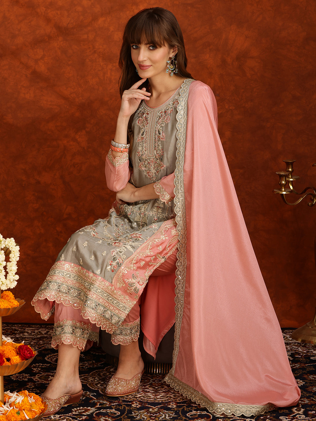 Pakistani Embroidered Kurta With Pant & Embroidered Dupatta, Pink - Hiral Fashion | Grocsy