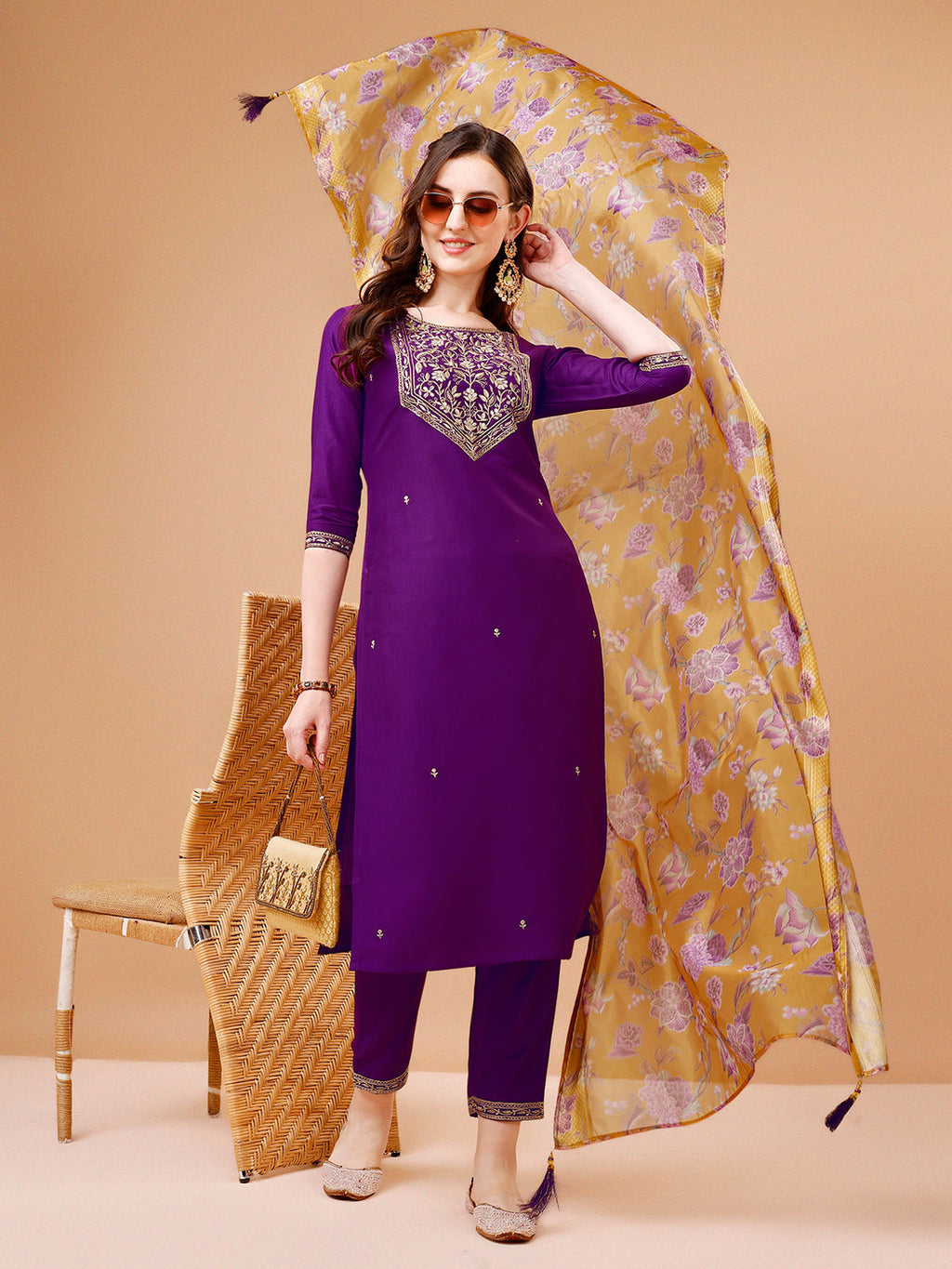 Embroidered Kurta With Pant & Printed Organza Dupatta Premium, Multicolor - Hiral Fashion | Grocsy