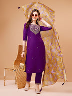 Embroidered Kurta With Pant & Printed Organza Dupatta Premium, Multicolor - Hiral Fashion | Grocsy