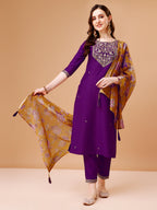 Embroidered Kurta With Pant & Printed Organza Dupatta Premium, Multicolor - Hiral Fashion | Grocsy