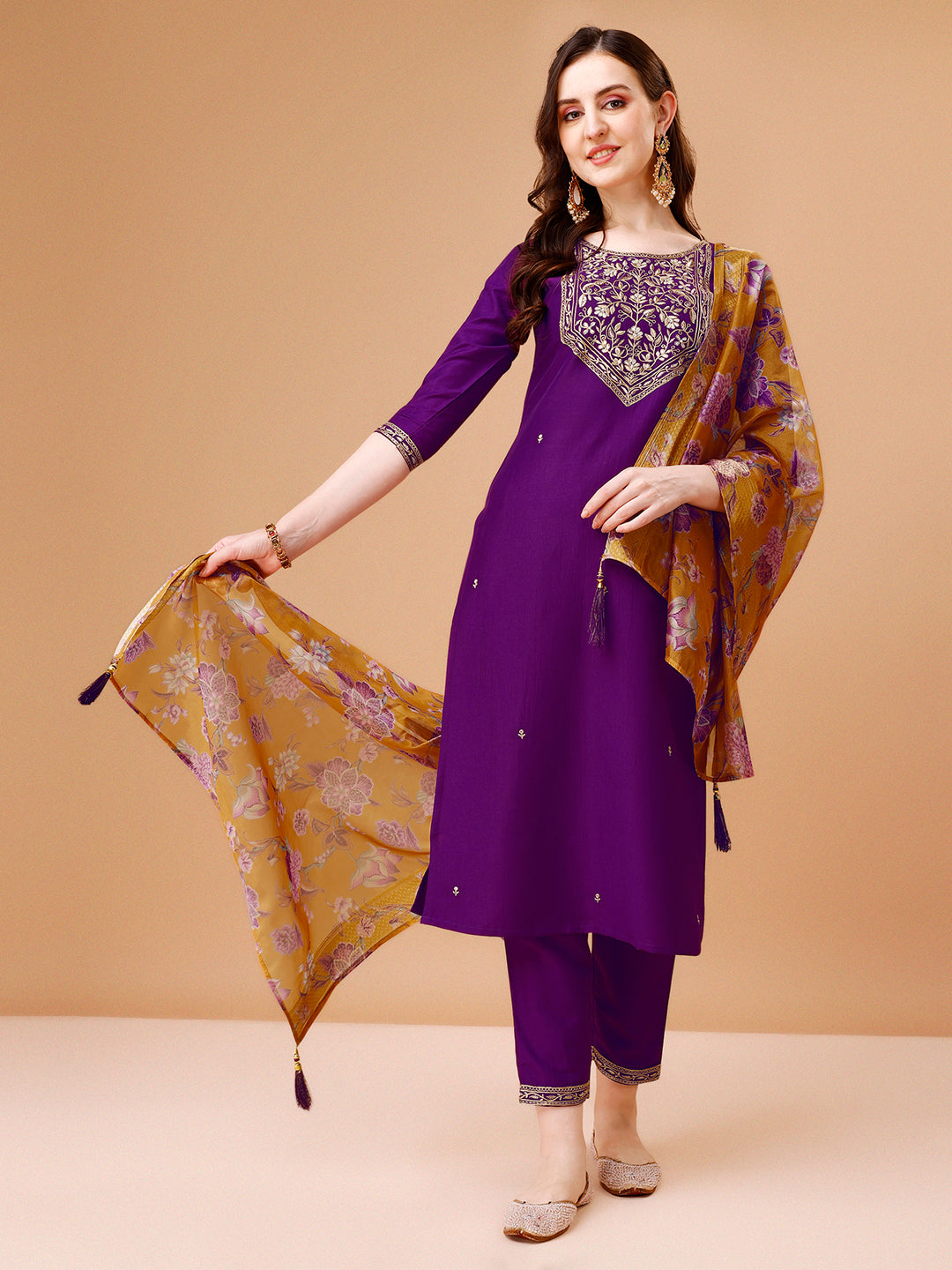 Embroidered Kurta With Pant & Printed Organza Dupatta Premium, Multicolor - Hiral Fashion | Grocsy