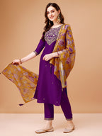 Embroidered Kurta With Pant & Printed Organza Dupatta Premium, Multicolor - Hiral Fashion | Grocsy