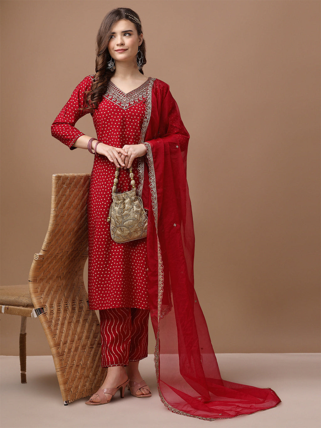 Embroidered & Bandhani Printed Kurta With Pant & Embroidered Dupatta Premium, Multicolor - Hiral Fashion | Grocsy