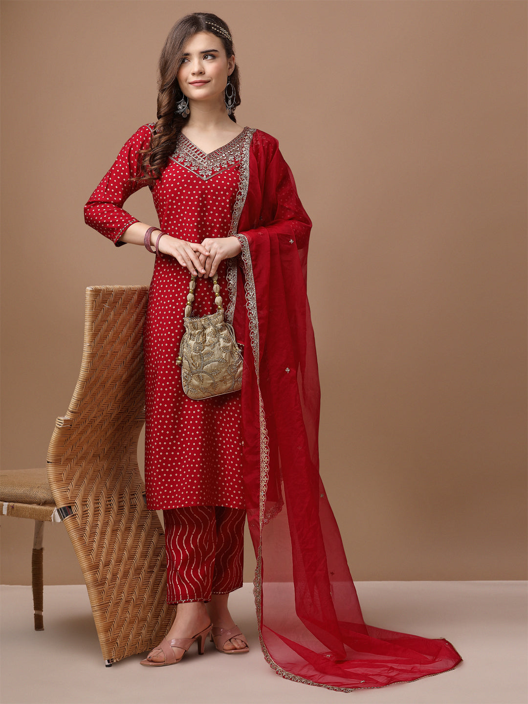 Embroidered & Bandhani Printed Kurta With Pant & Embroidered Dupatta Premium, Multicolor - Hiral Fashion | Grocsy