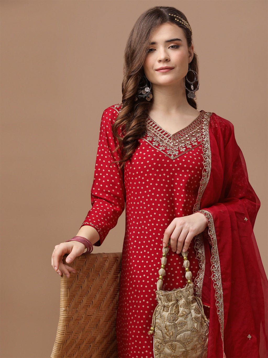 Embroidered & Bandhani Printed Kurta With Pant & Embroidered Dupatta Premium, Multicolor - Hiral Fashion | Grocsy